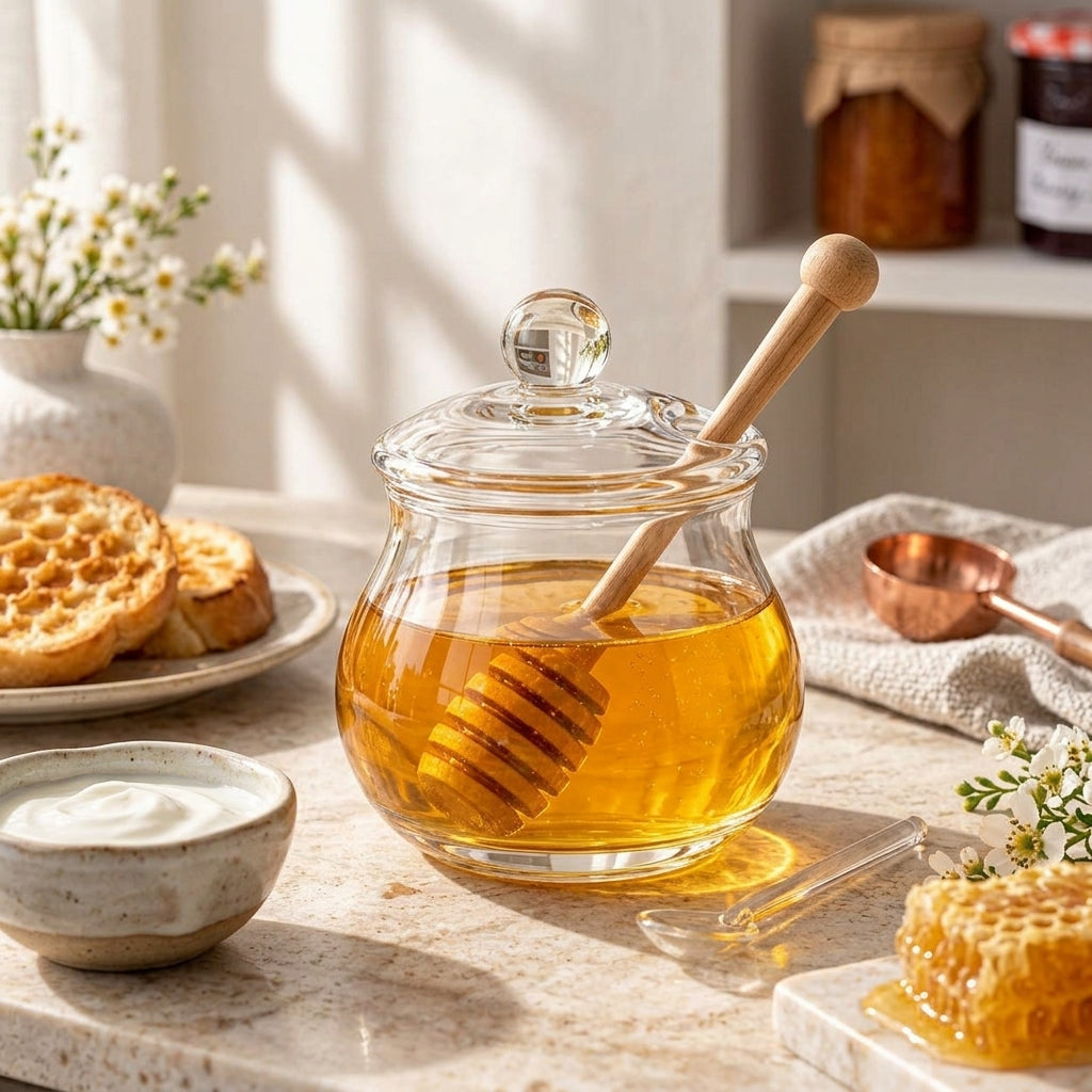 LkenFaer™ Glass Honey Jar with Dipper